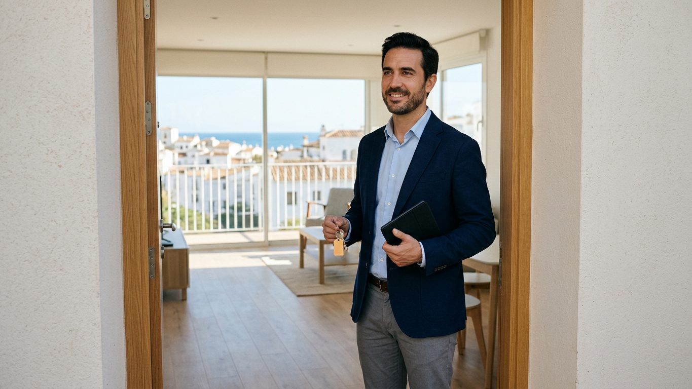 Agente inmobiliario independiente con las llaves de una vivienda en la puerta de un piso luminoso con vistas al mar